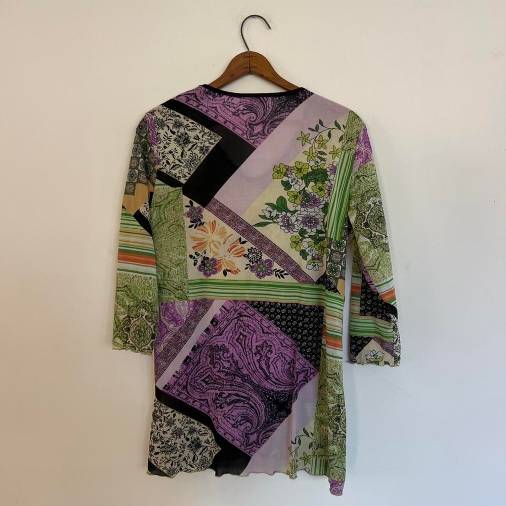 Y2K Semi-sheer Micromesh Sequin Patchwork Paisley Whimsygoth 3/4 Sleeve Top - Picture 8 of 8